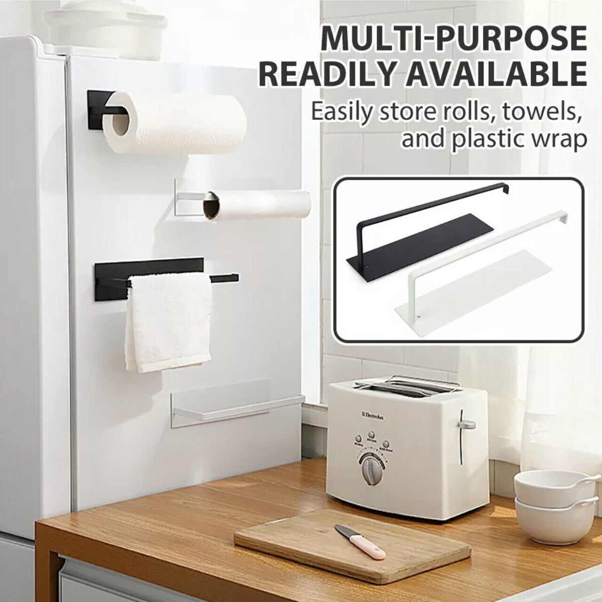 Self-Adhesive Paper Towel Holder Rack for Kitchen Rolls and Wrap Storage - Black x 1 unit