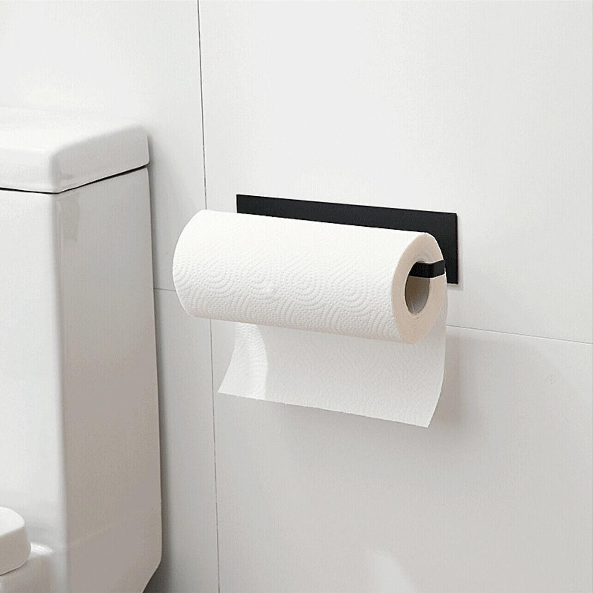 Self-Adhesive Paper Towel Holder Rack for Kitchen Rolls and Wrap Storage - Black x 1 unit