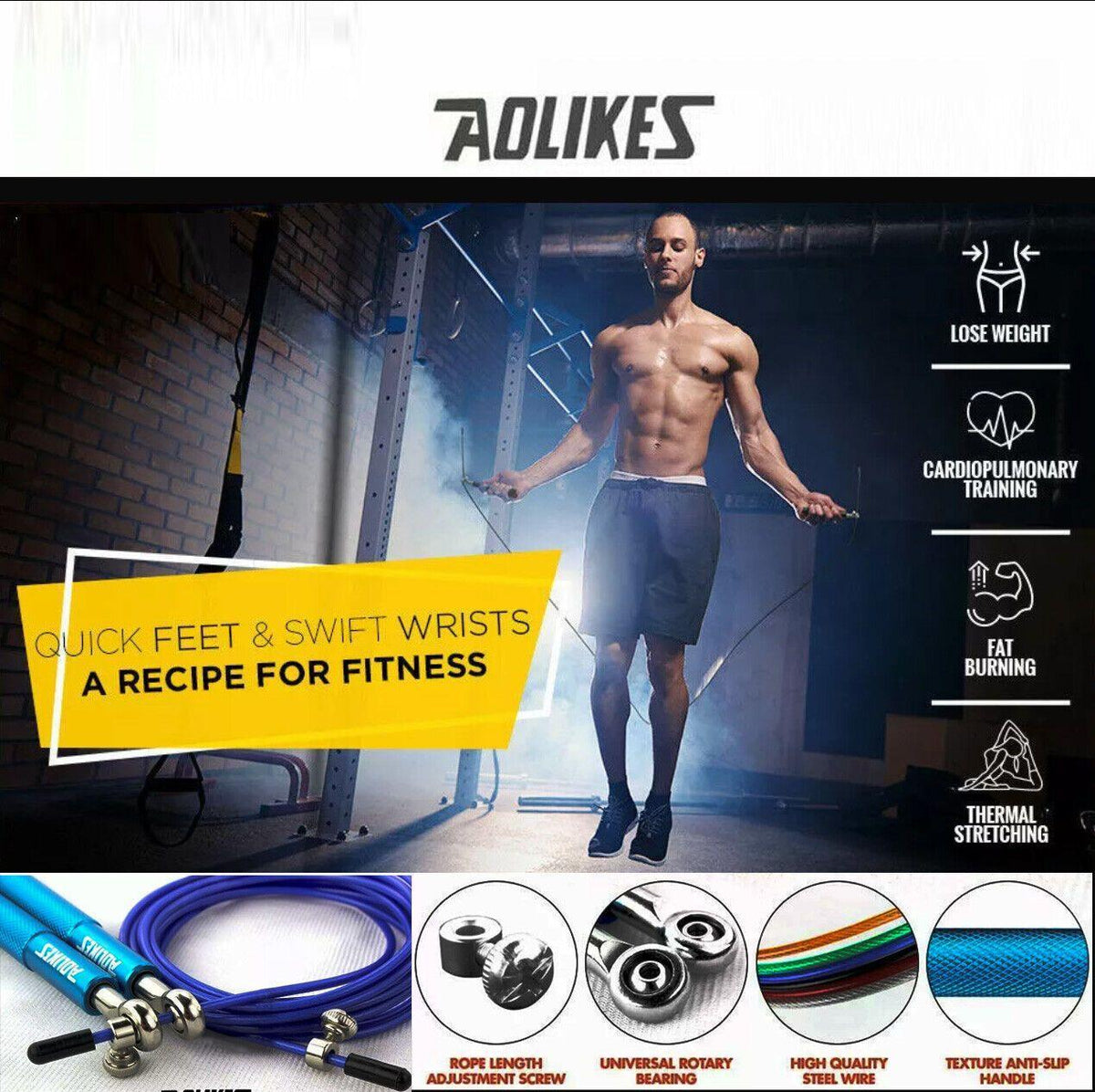 Aolikes Adjustable High Speed Steel Skipping Jump Rope Dual Bearings Gym Boxing - Orange