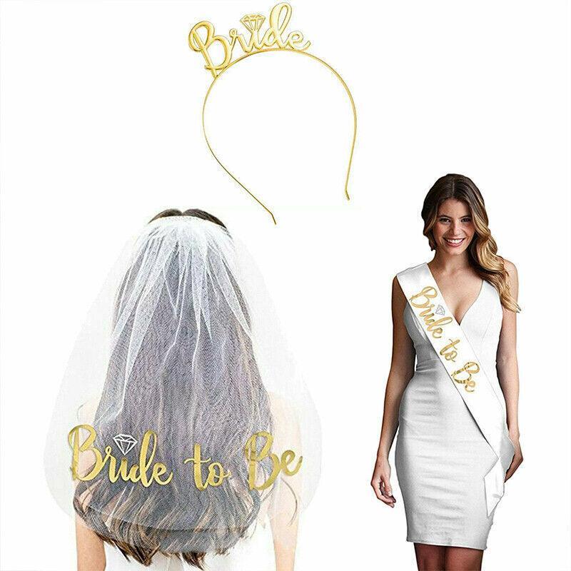 Bride To Be Hen Veil Sash Tiara Hens Night Bridal Shower Kitchen Tea Accessories - Gold Sash