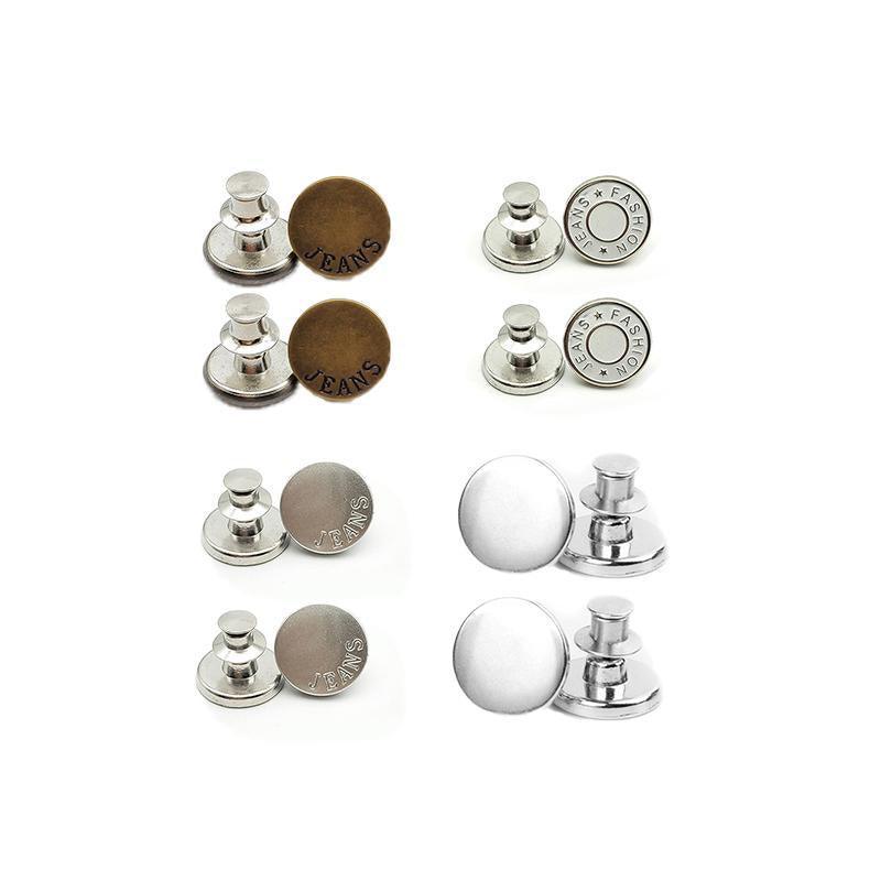 8X Button Pins For Jeans Pants No Sew Instant Adjustable Jean Button Replacement - 6sets Silver Button Pins