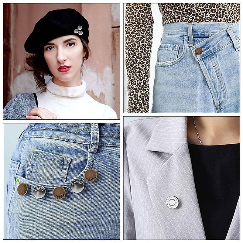 8X Button Pins For Jeans Pants No Sew Instant Adjustable Jean Button Replacement - 6sets Silver Button Pins