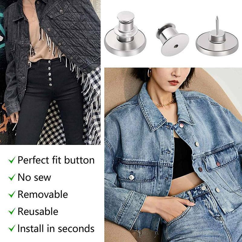 8X Button Pins For Jeans Pants No Sew Instant Adjustable Jean Button Replacement - 6sets Silver Button Pins