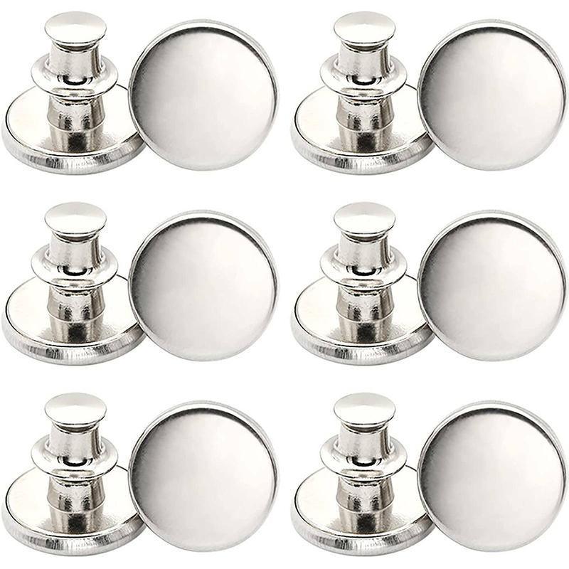 8X Button Pins For Jeans Pants No Sew Instant Adjustable Jean Button Replacement - 6sets Silver Button Pins
