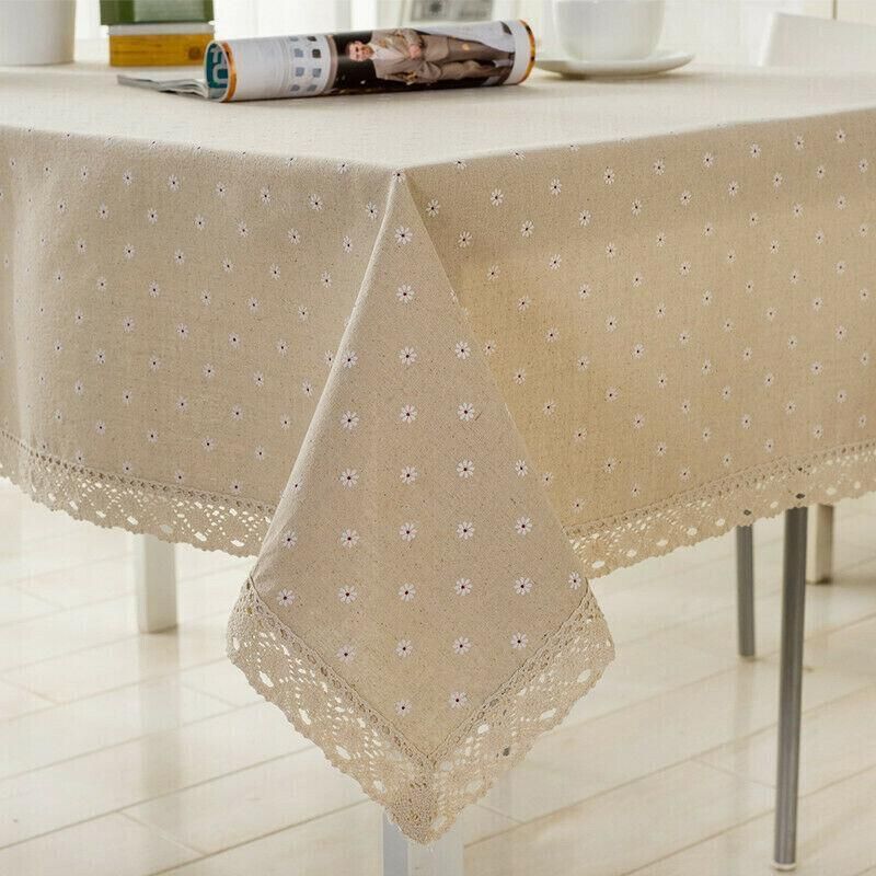 Floral Tablecloth with Lace Edge Cotton Linen Cover for Dining Table Square Rectangle - 140*200CM