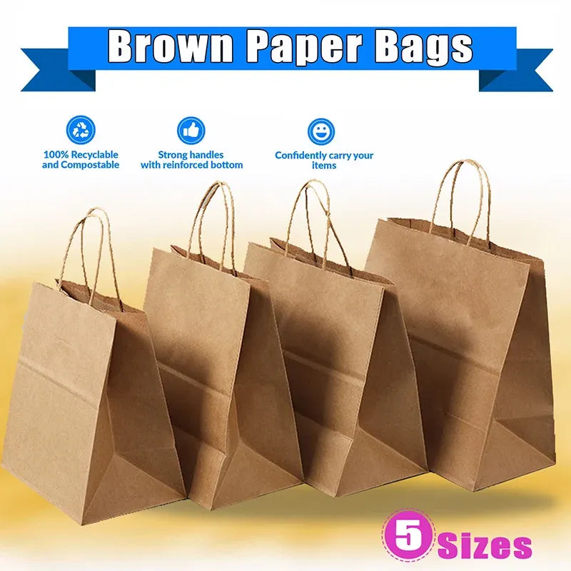 50X Kraft Paper Bags Gift Shopping Carry Craft Brown Bag With Handles - M-21cmx27cmx11cm