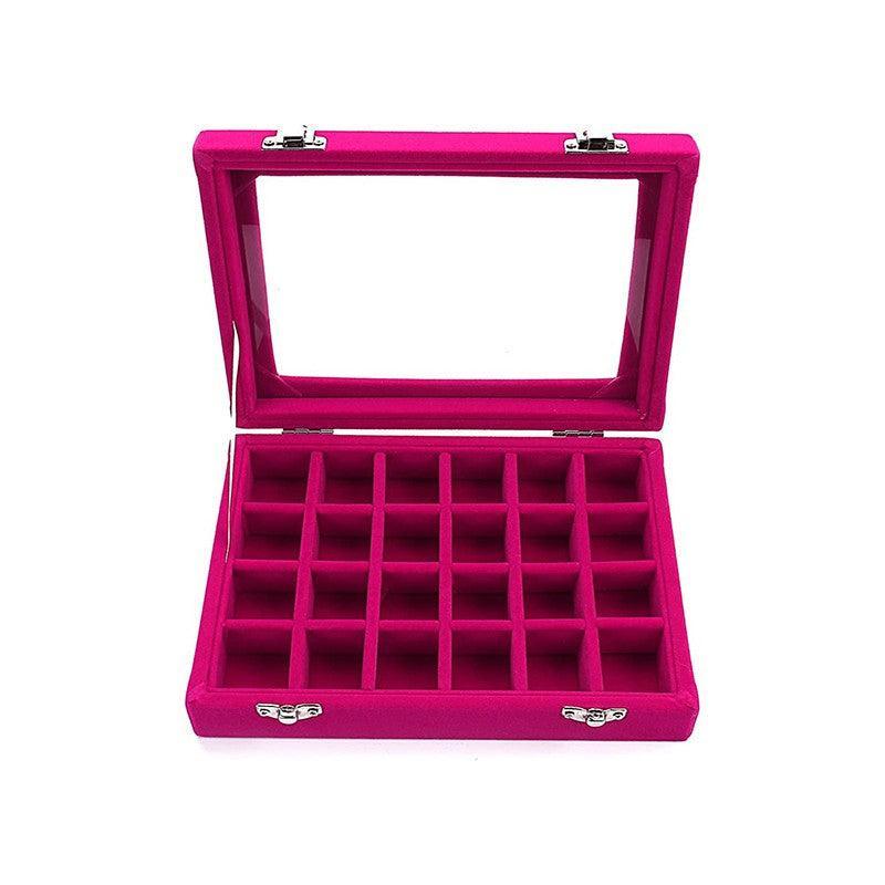 Velvet Jewelry Box Earring Organizer Display Case Storage Holder with 24 Grid - Rose Red