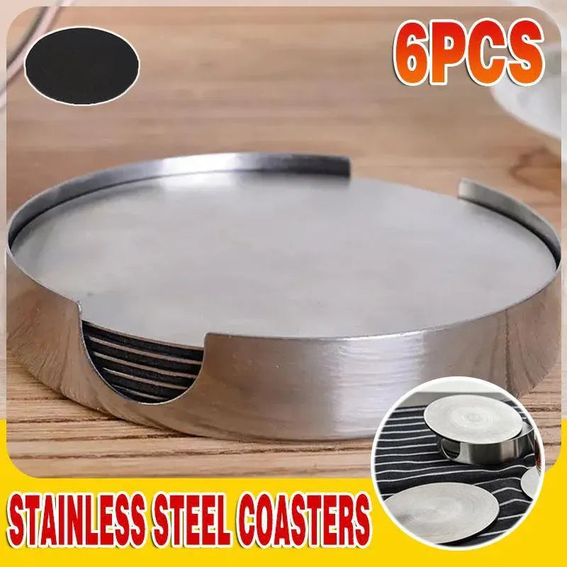 Stainless Steel Drink Coaster Set 6PCS Heat Resistant Cup Pads With Holder