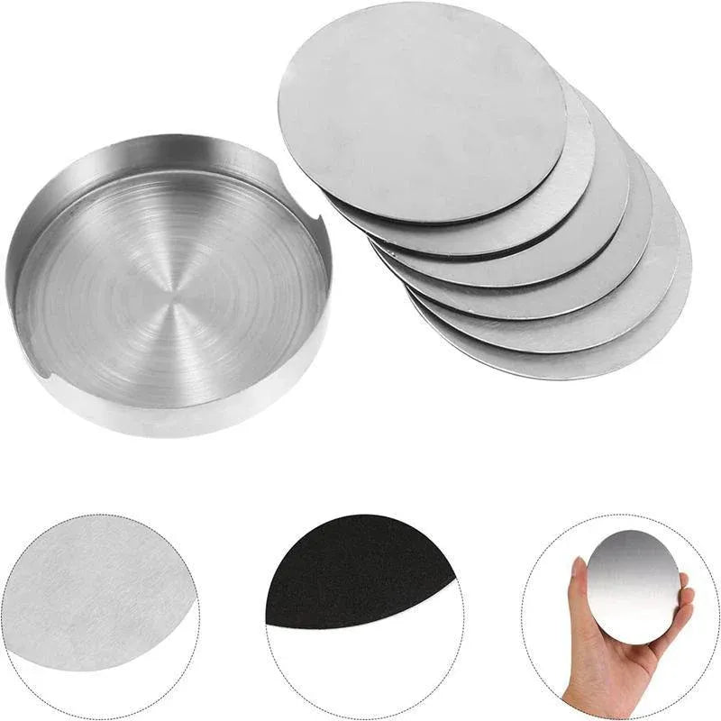 Stainless Steel Drink Coaster Set 6PCS Heat Resistant Cup Pads With Holder