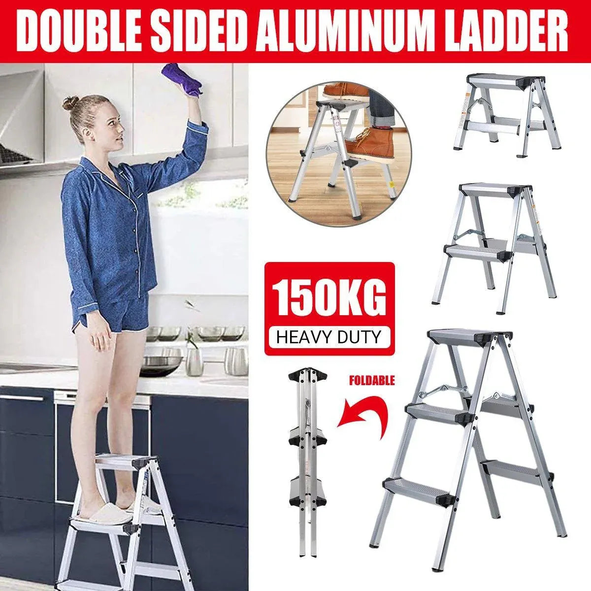 Portable Aluminium 1-3 Step Folding Ladder Anti-Slip Frame Stool for Home Use - 1 step Folding Ladder
