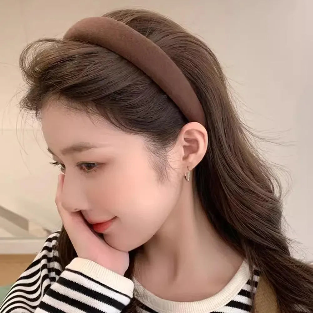 Ladies Headband Padded Hairband Wide Sponge Hair Hoop Solid Colour Accessories - Dark Coffee