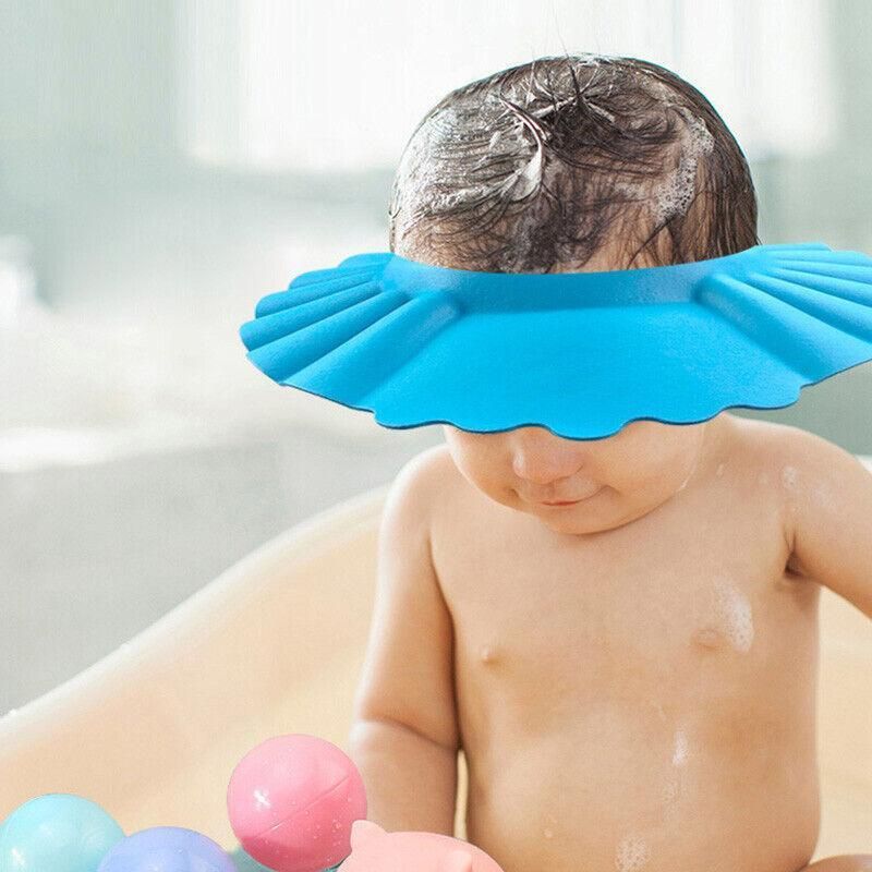 Adjustable Shampoo Shield Bath Hat w/Ear Cover for Hair Washing Protection Blue