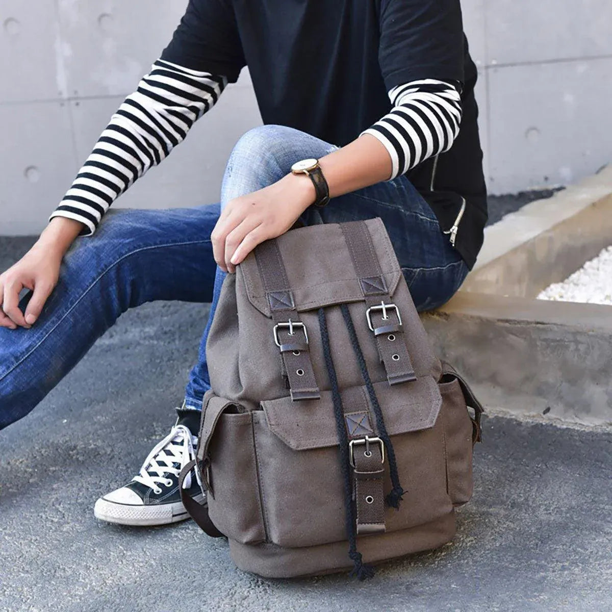 Unisex Retro Rucksack Large Capacity Travel Bag Leisure Backpack Schoolbag - Khaki