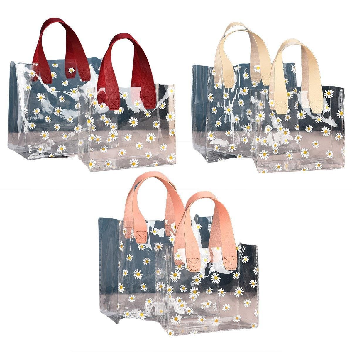 10pcs Small Fresh Transparent PVC Tote Bag Wedding Candy Gift Bag Daisy Design - Red - S