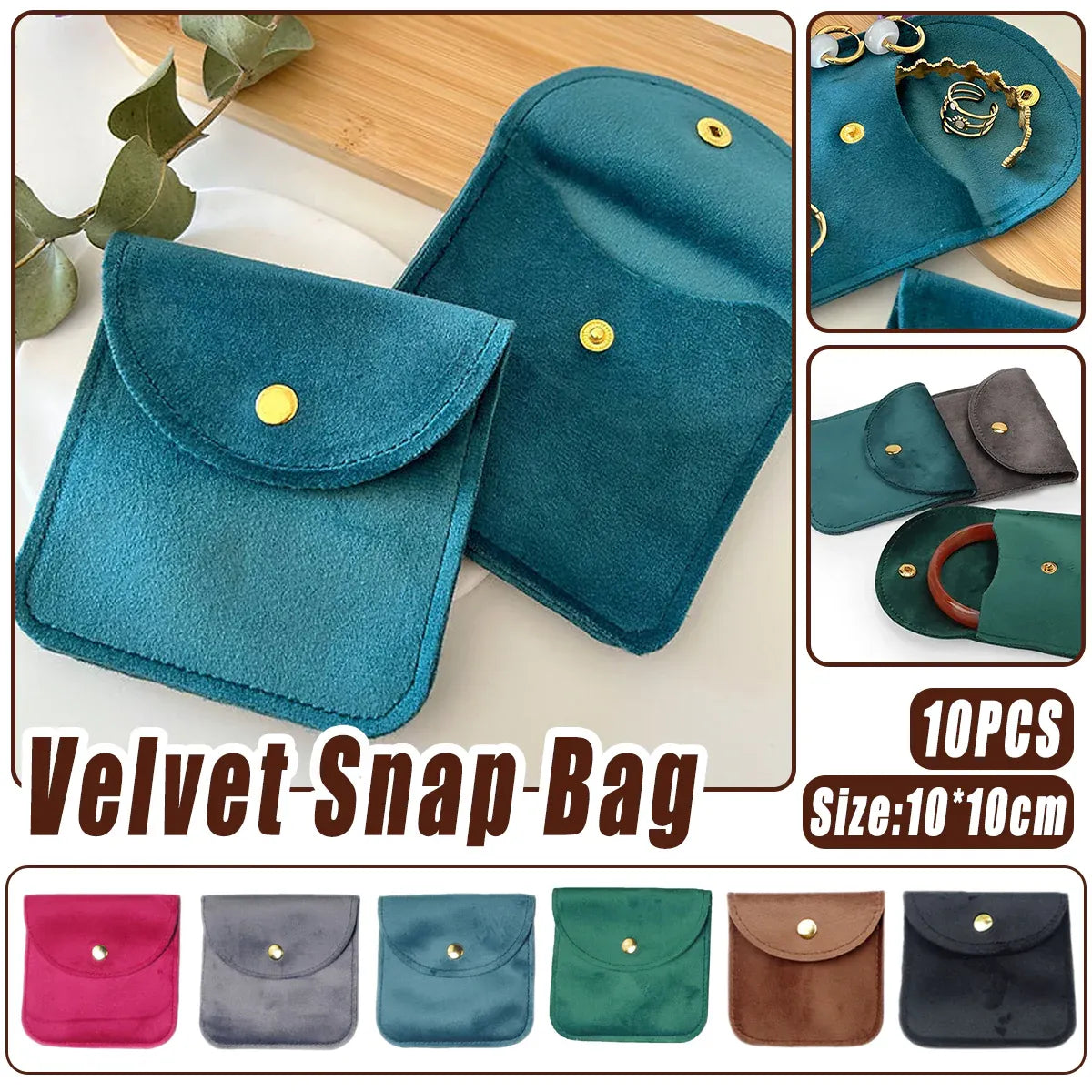 10pcs Velvet Jewelry Pouch Button Closure Thick Soft Ring Necklace Storage Bag - Rose Red