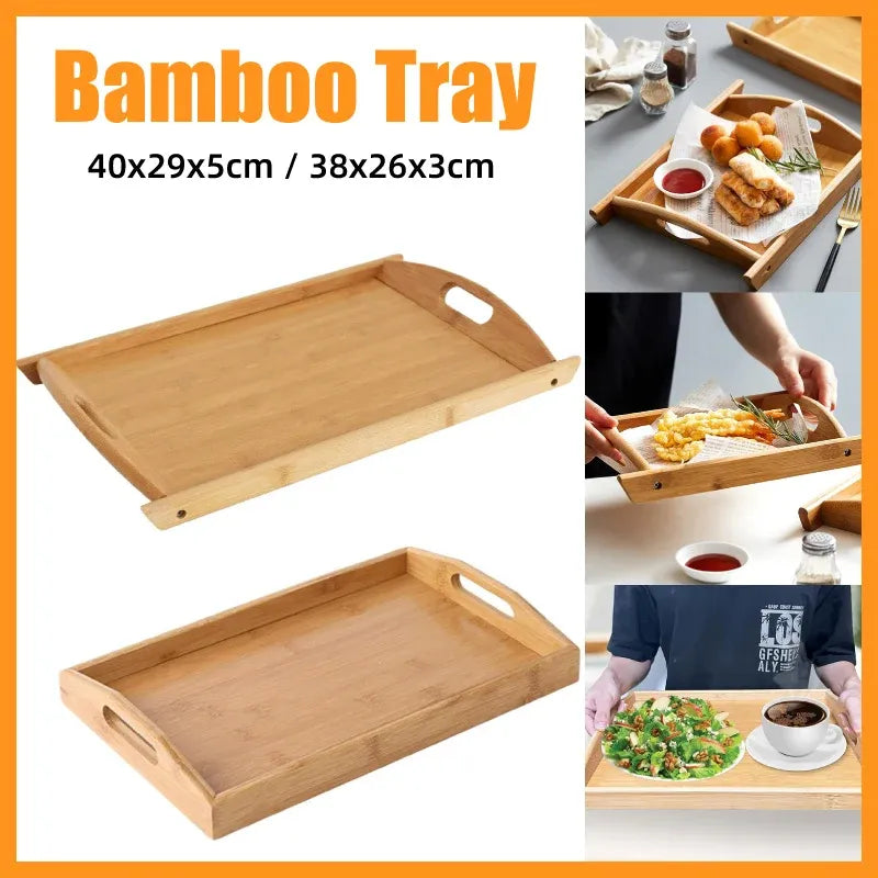 Rectangular Bamboo Tray Household Tea Serving Plate Kitchen Snack Dish Organizer - 40x29x5cm