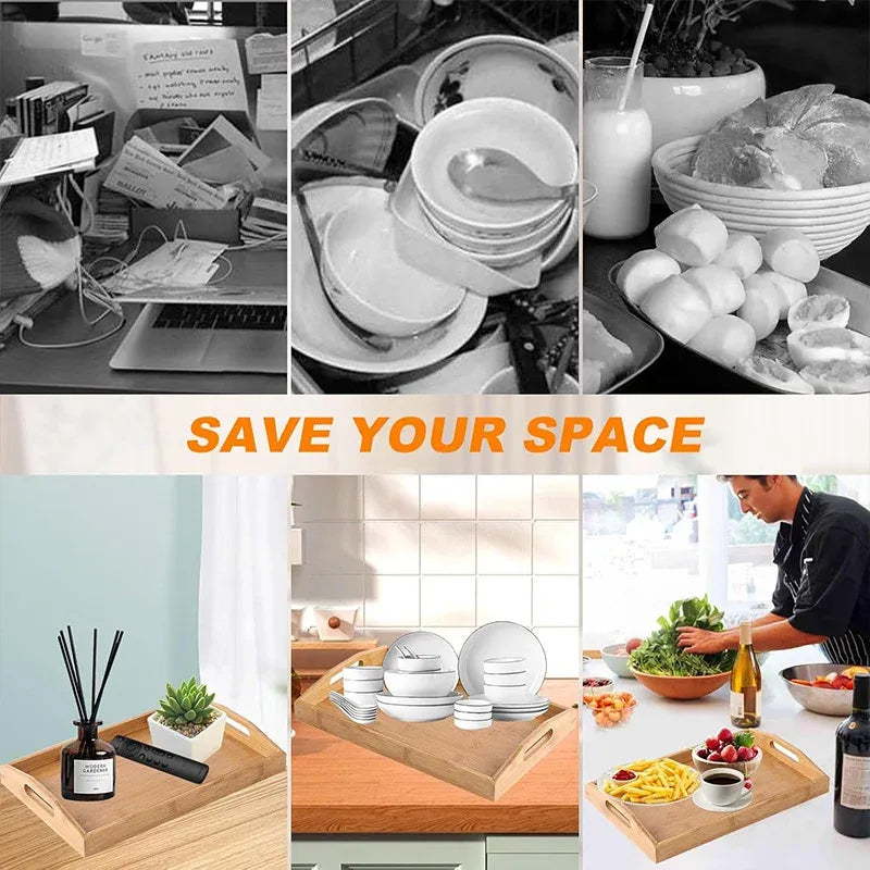 Rectangular Bamboo Tray Household Tea Serving Plate Kitchen Snack Dish Organizer - 40x29x5cm