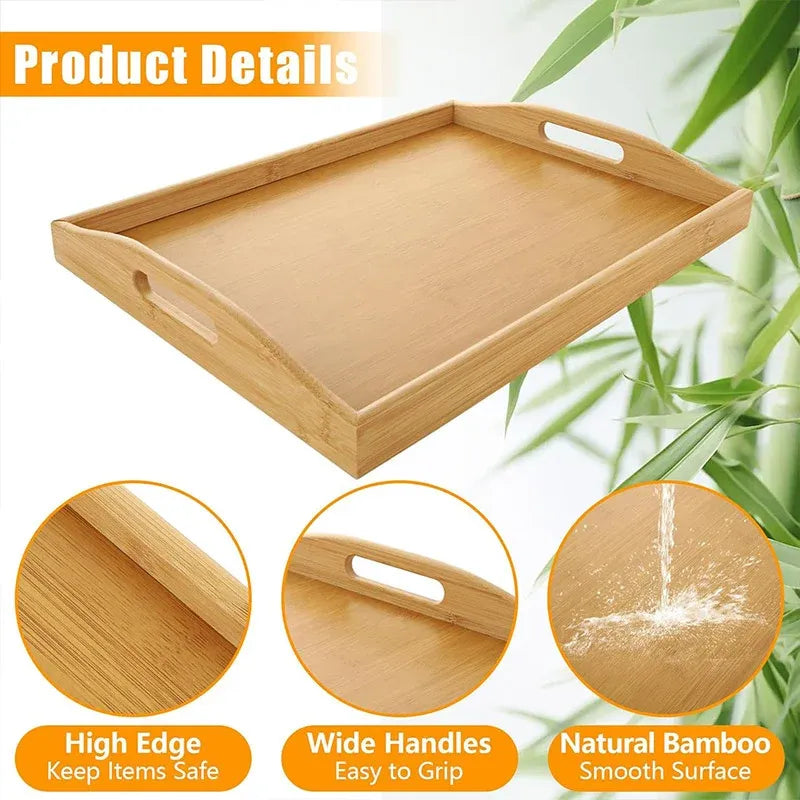 Rectangular Bamboo Tray Household Tea Serving Plate Kitchen Snack Dish Organizer - 40x29x5cm