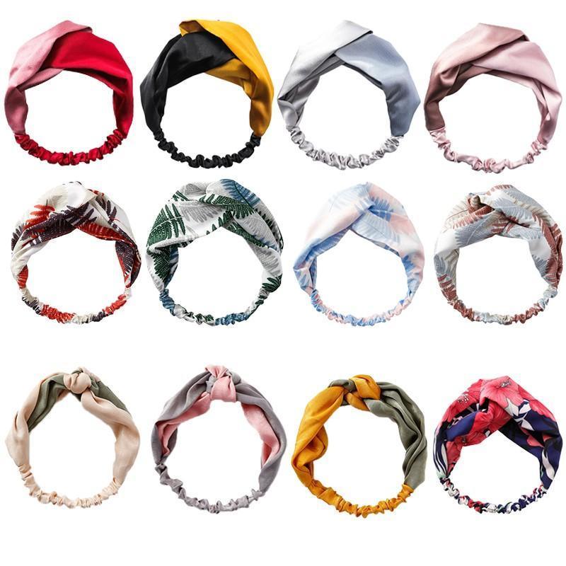 Women Chiffon Floral Print Headband Fashion Bohemian Elastic Cross Hair Bands - Black+Yellow