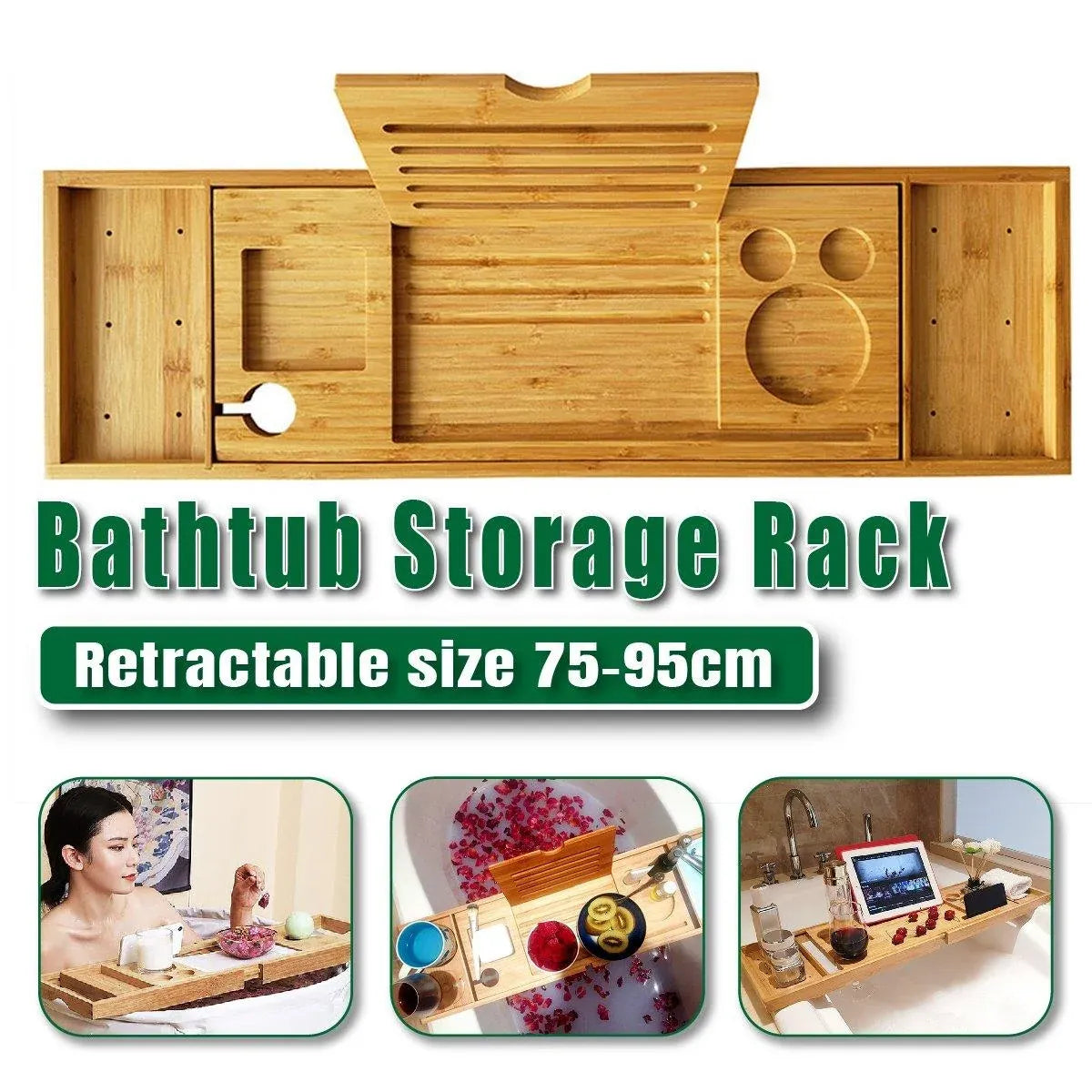 Bathroom Bamboo Bath Caddy Wine Glass Holder Table Tray Bathtub Rack Soap Shelf