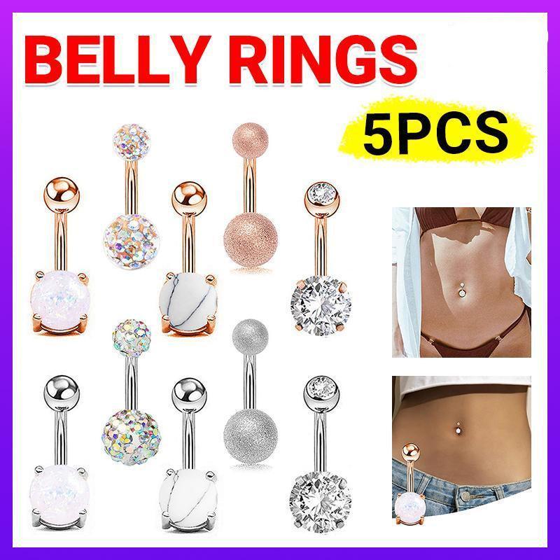 5Pcs Belly Bar Piercing Ring Crystal Zircon Surgical Steel Silver Jewellery - Silver
