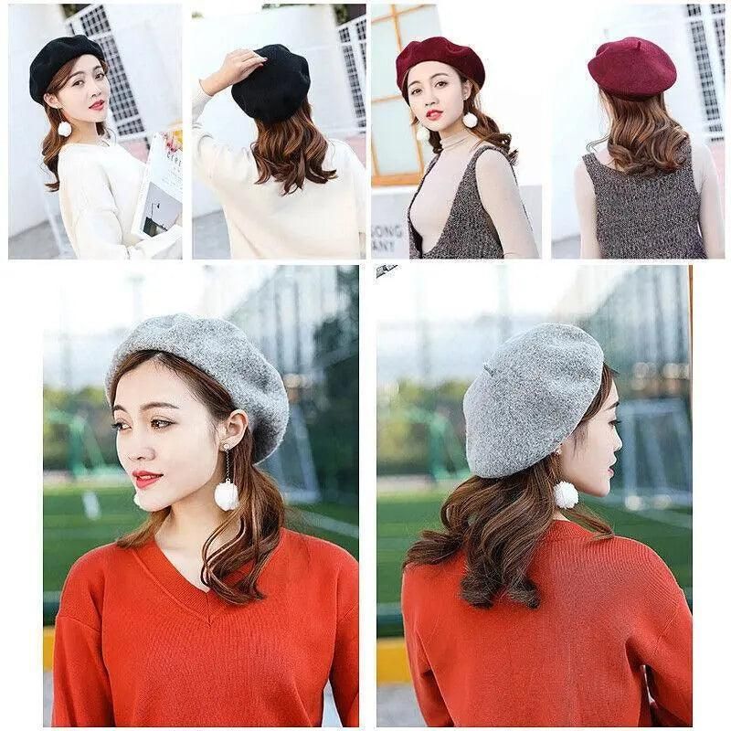 Women Ladies Beanie Wool French Beret Newsboy Hat Cap Winter Warm Hats Girls - Black