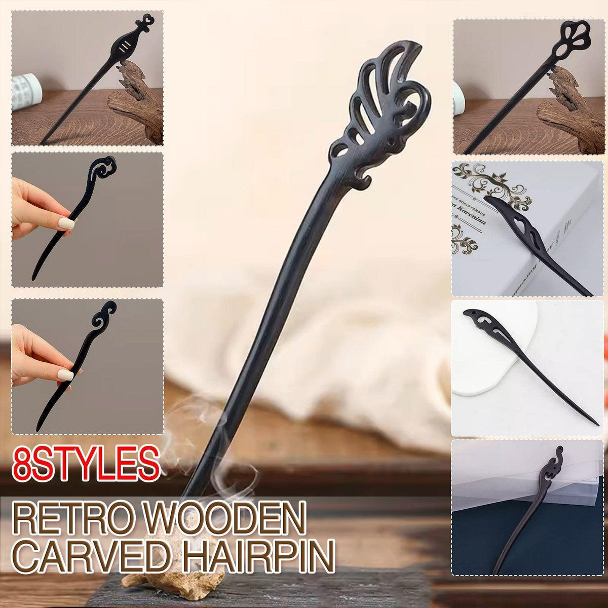 Retro Wooden Carved Hair Sticks Women Hairpin Barrette Chopsticks Accessories - D