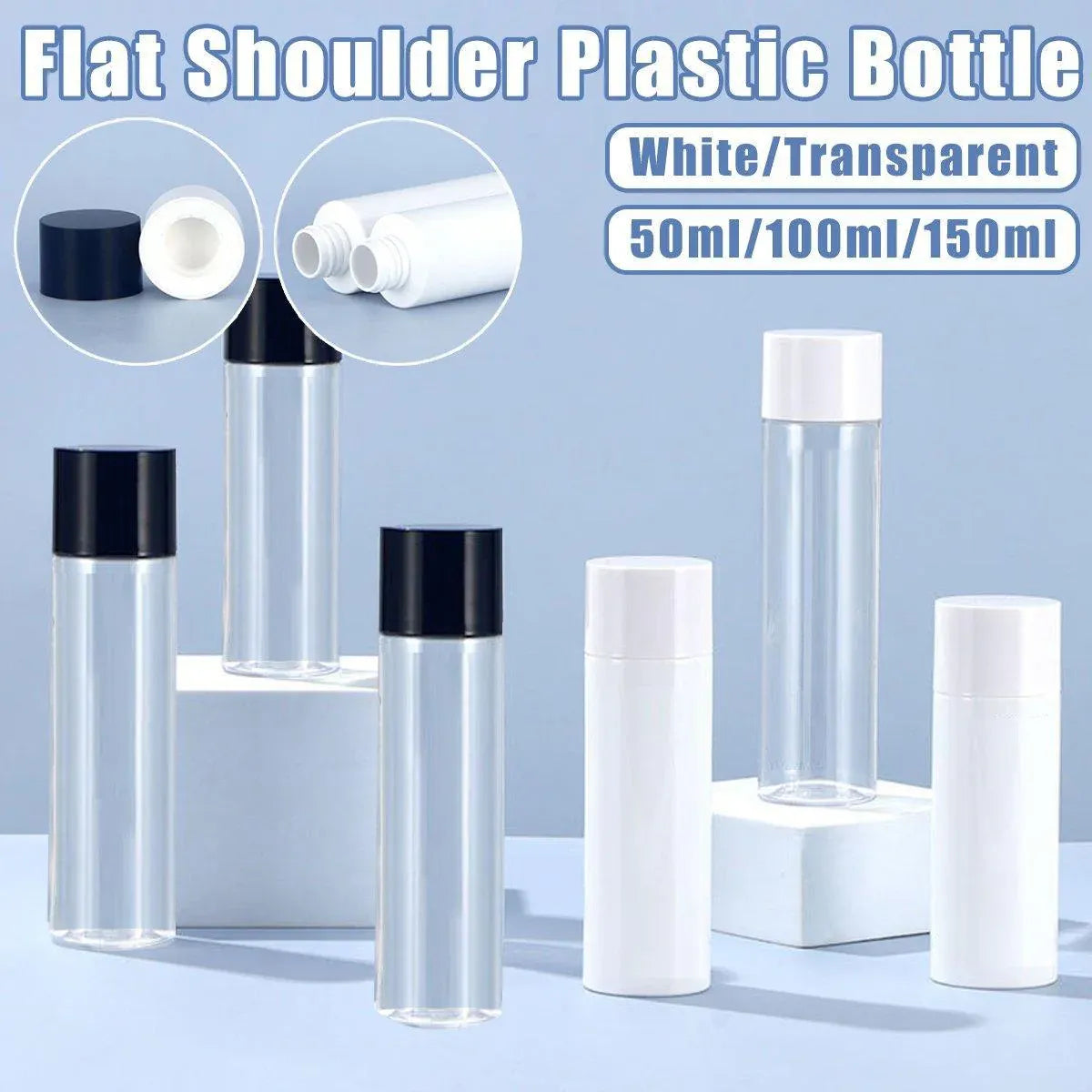 50/100/150ml Plastic Toner Lotion Bottles Refillable Travel Cosmetic Containers - Black Lid + White Bottle - 150ml