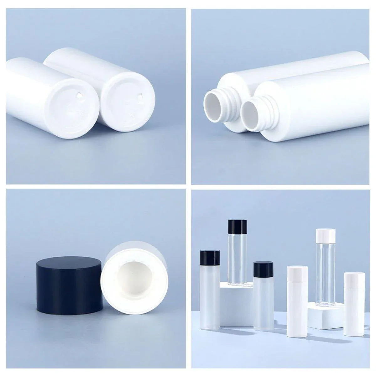 50/100/150ml Plastic Toner Lotion Bottles Refillable Travel Cosmetic Containers - Black Lid + White Bottle - 150ml