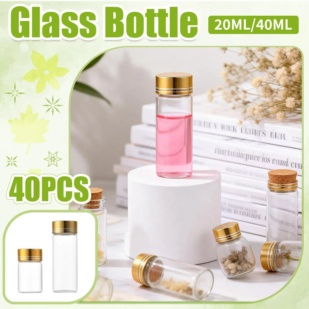 40Pcs Transparent Glass Bottle Airtight Seal Leakproof Small Items Storage Jars - 20ML