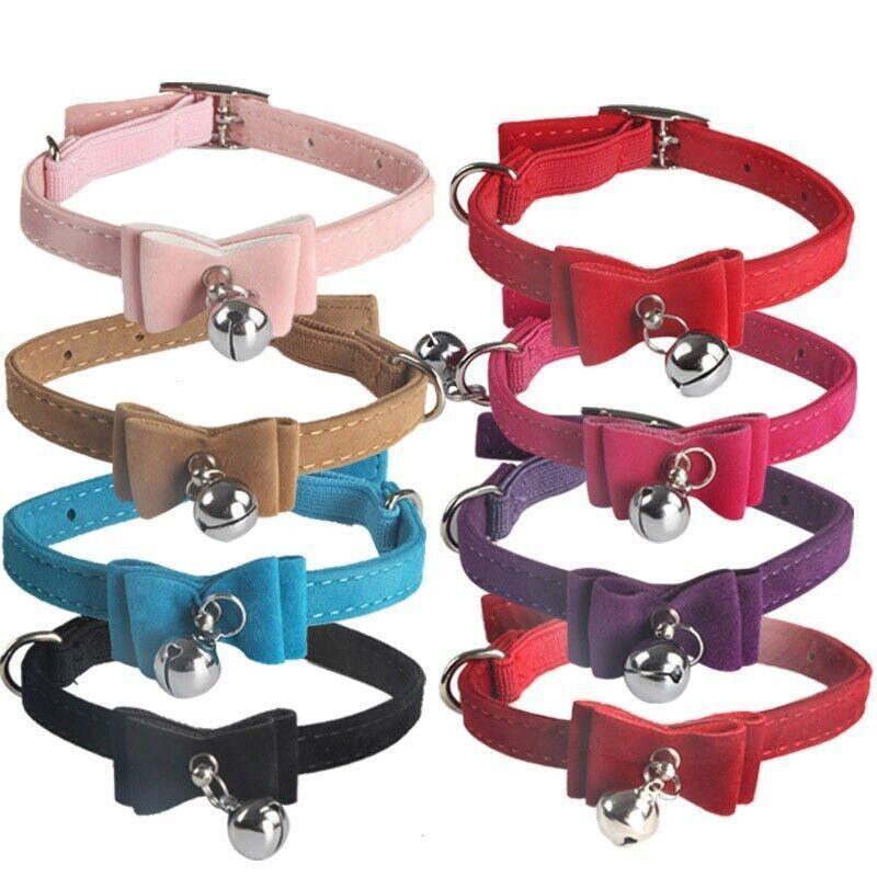 1× Adjustable Suede Cat Collar with Bow Bell Pink Blue Black Red - Blue