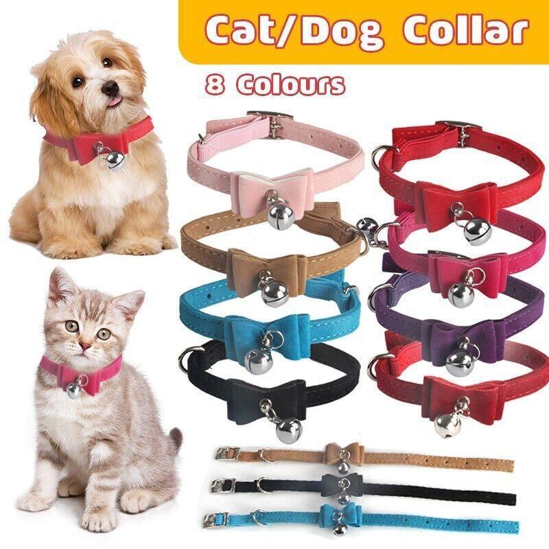 1× Adjustable Suede Cat Collar with Bow Bell Pink Blue Black Red - Pink