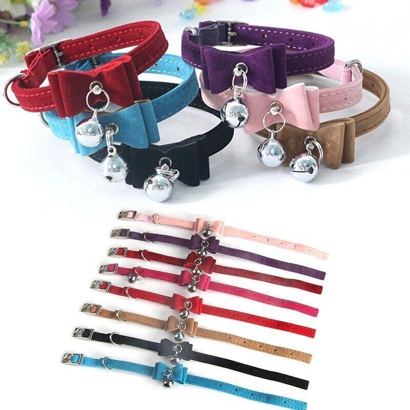 1× Adjustable Suede Cat Collar with Bow Bell Pink Blue Black Red - Red