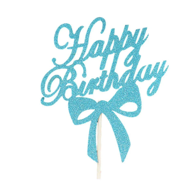 Happy Birthday Cake Topper Colour Printed Acrylic Blue Bowknot