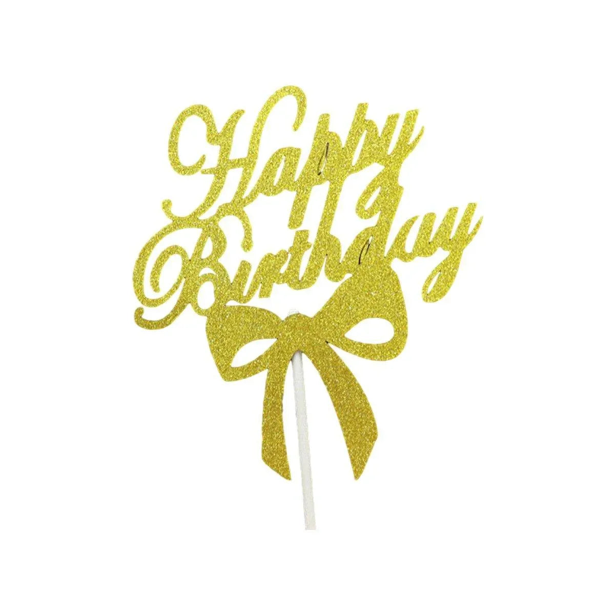 Happy Birthday Cake Topper Colour Printed Acrylic Party Decorations - Gold-Bowknot