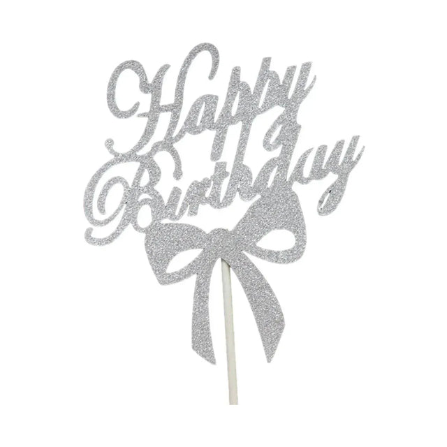 Happy Birthday Cake Topper Colour Printed Acrylic Silver Bowknot