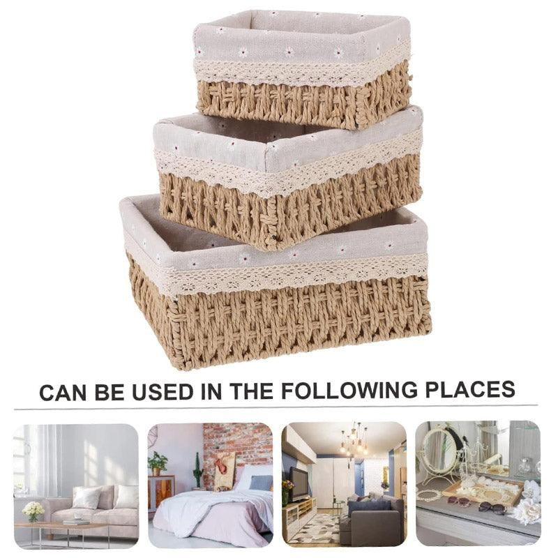 3pcs Rattan Storage Basket Woven Fabric Grass Basket for Home Organiser Decor