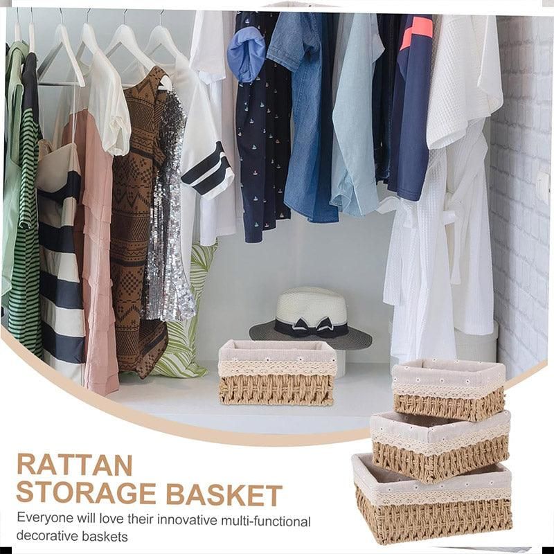 3pcs Rattan Storage Basket Woven Fabric Grass Basket for Home Organiser Decor