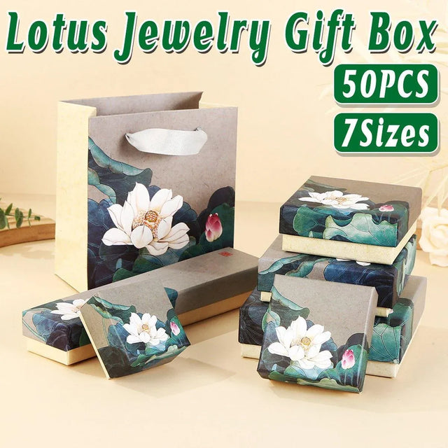 50pcs Blue Vintage Lotus Jewelry Box Paper Packaging Gift Boxes for Jewelry - 12*12*4cm(Box)