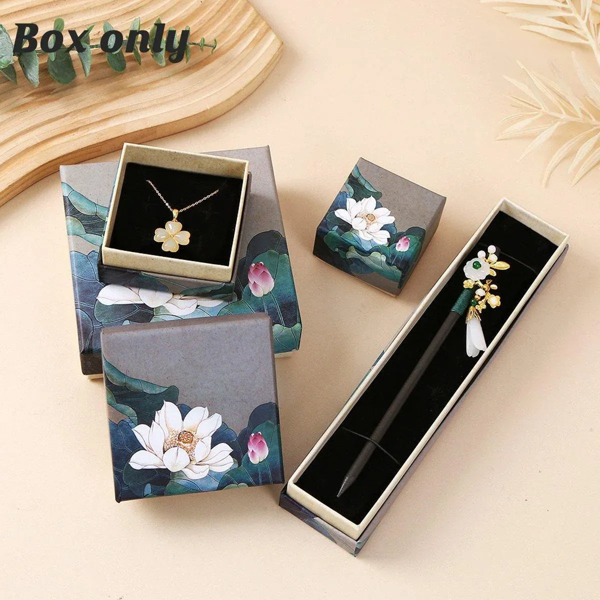 50pcs Blue Vintage Lotus Jewelry Box Paper Packaging Gift Boxes for Jewelry - 12*12*4cm(Box)