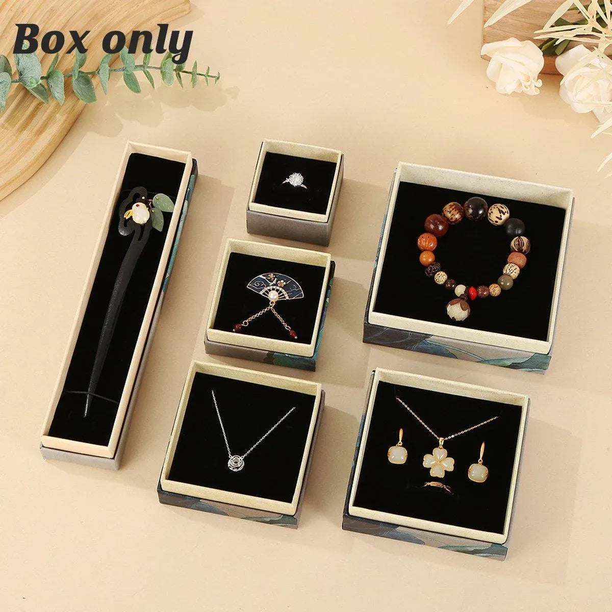50pcs Blue Vintage Lotus Jewelry Box Paper Packaging Gift Boxes for Jewelry - 12*12*4cm(Box)