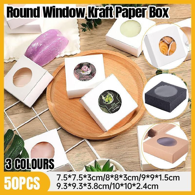 50PCS Handmade Soap Paper Box Round Window Kraft Black White Candy Biscuit Box - Black-50pcs 7.5*7.5*3CM