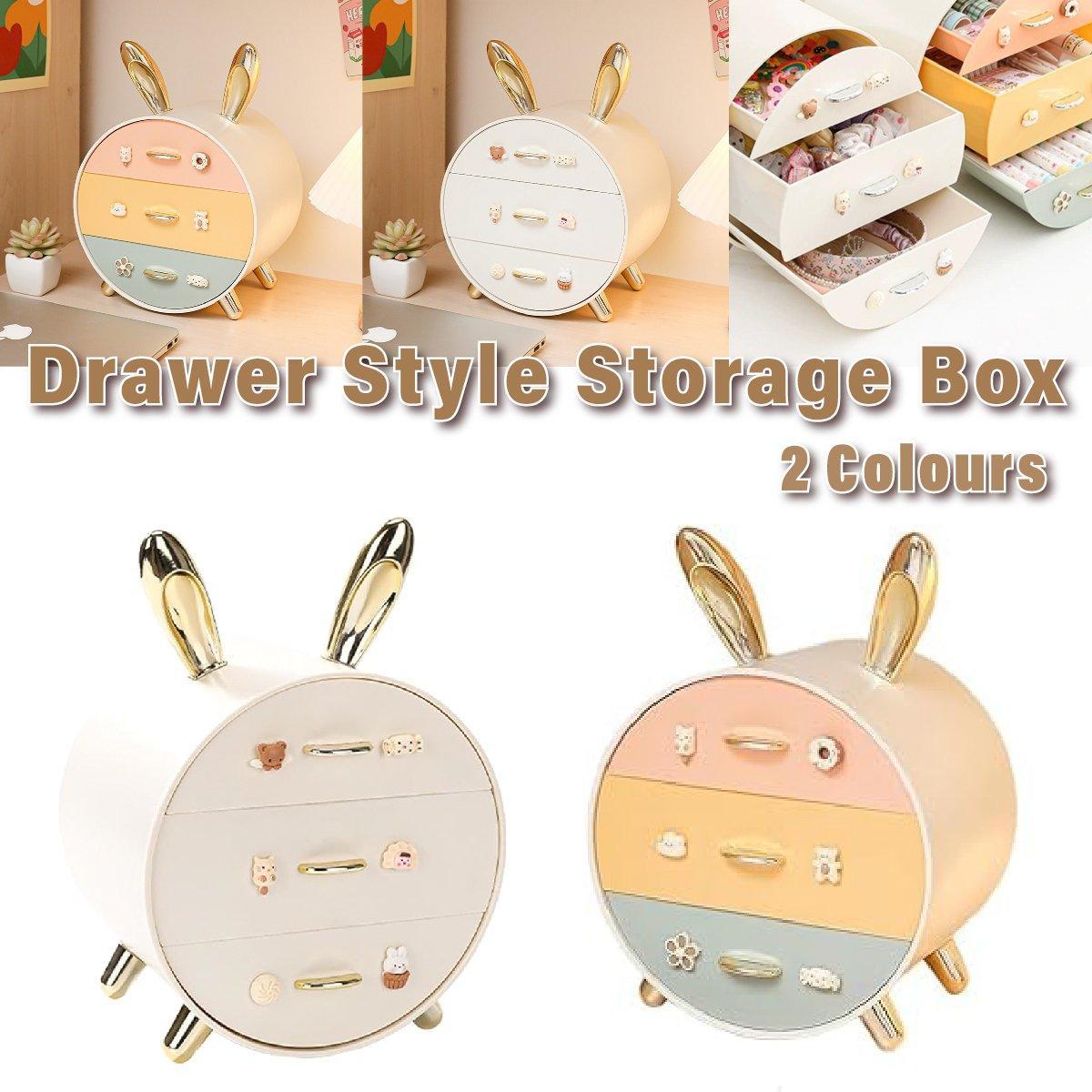 Large Multi-functional Makeup Storage Organizer Rabbit Decor Drawer Cosmetic Box - White