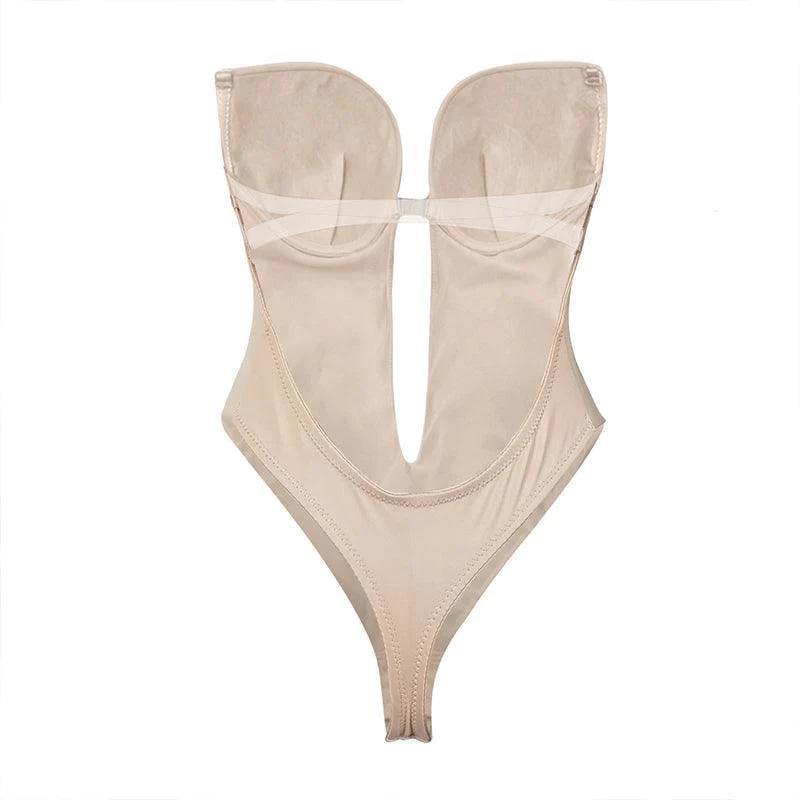 S Size Women Deep U Plunge Seamless Push Up Bra Thong Backless Bodysuit - Skin