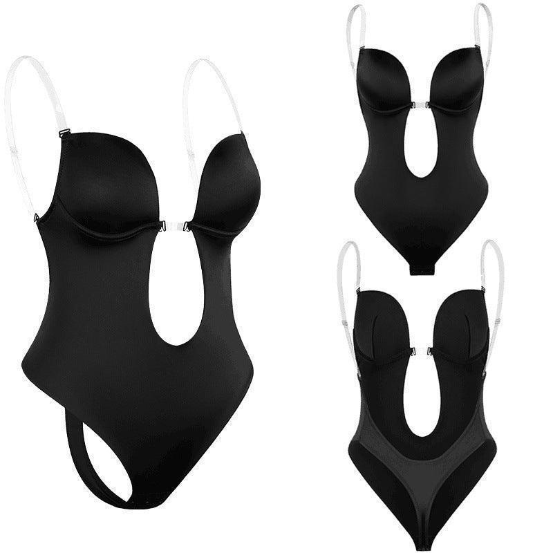 S Size Women Deep U Plunge Seamless Push Up Bra Thong Backless Bodysuit - Skin