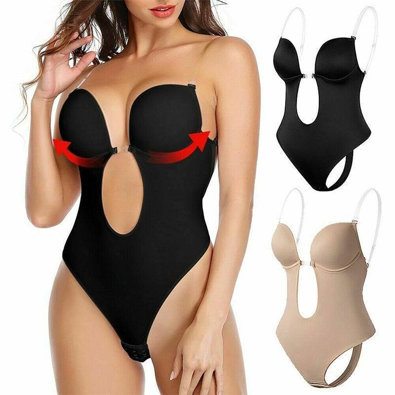 S Size Women Deep U Plunge Seamless Push Up Bra Thong Backless Bodysuit - Black