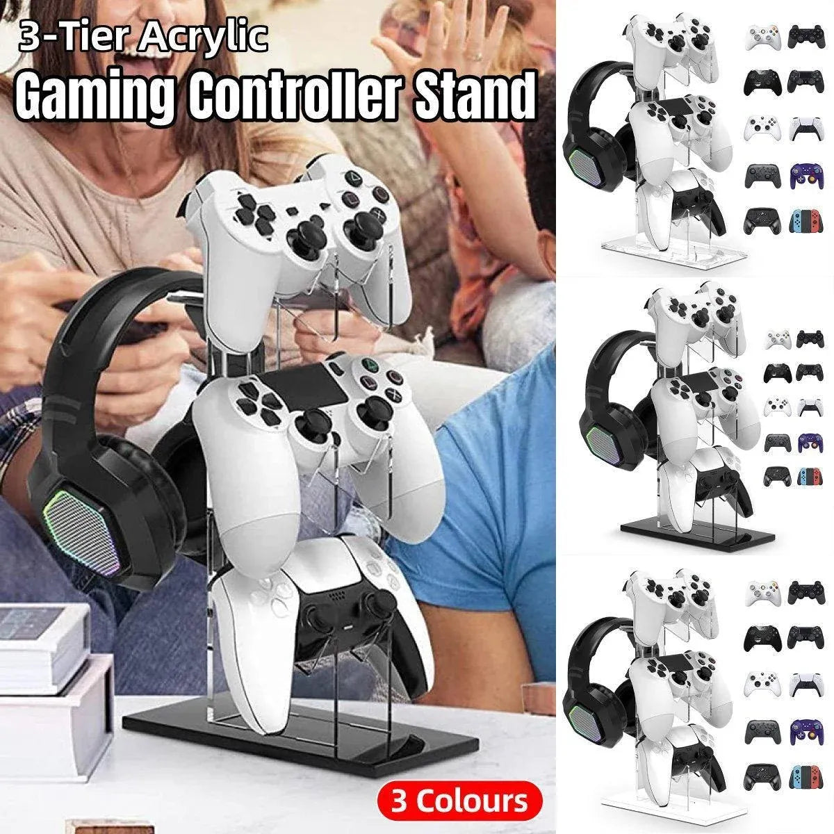 3 Tier Gamepad and Headset Display Stand for Gaming Accessories Organization - White