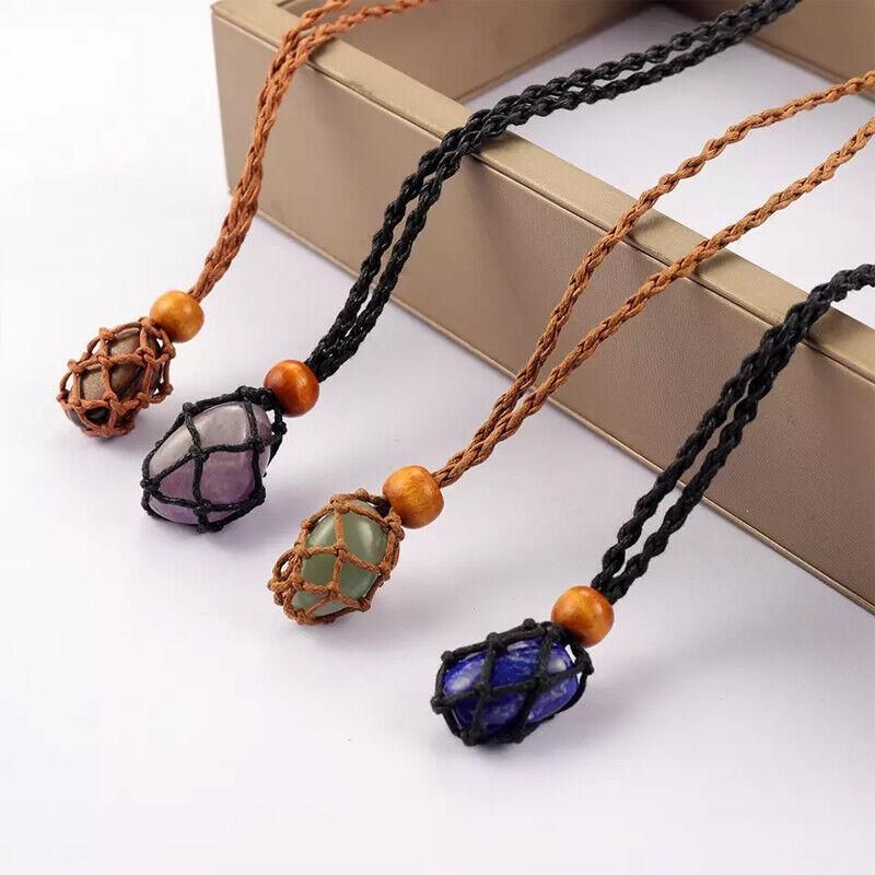 Empty Stone Holder Necklace Crystal Quartz Gemstone Cage Rope Cord Pendant DIY