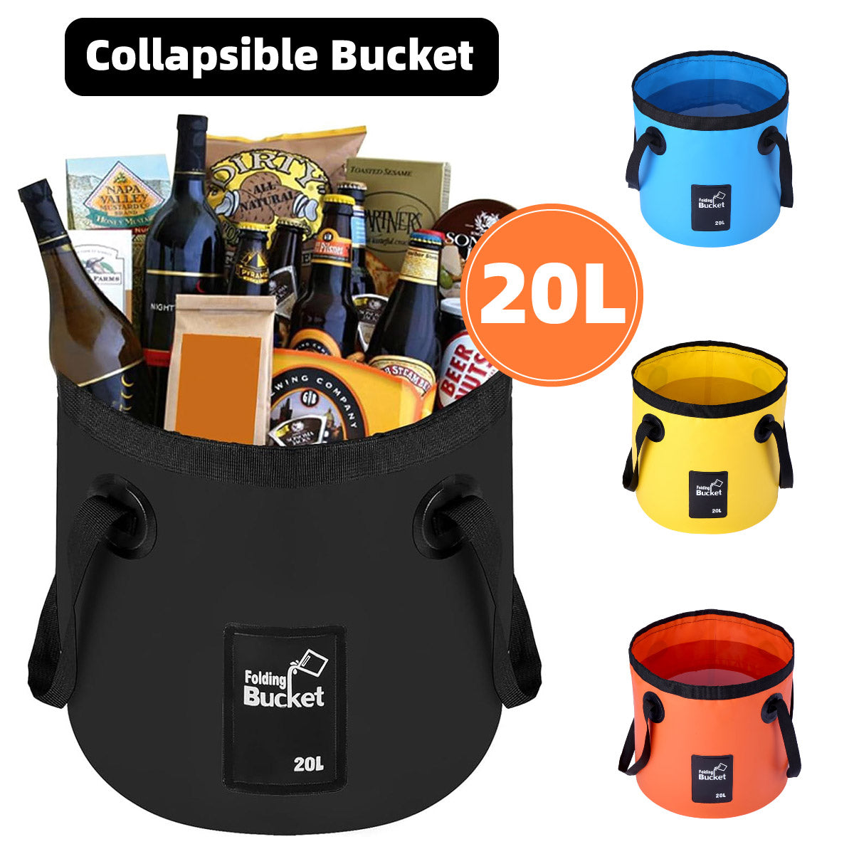 20L Portable Folding Bucket Water Container Camping Hiking Fishing Water Storage - Yellow