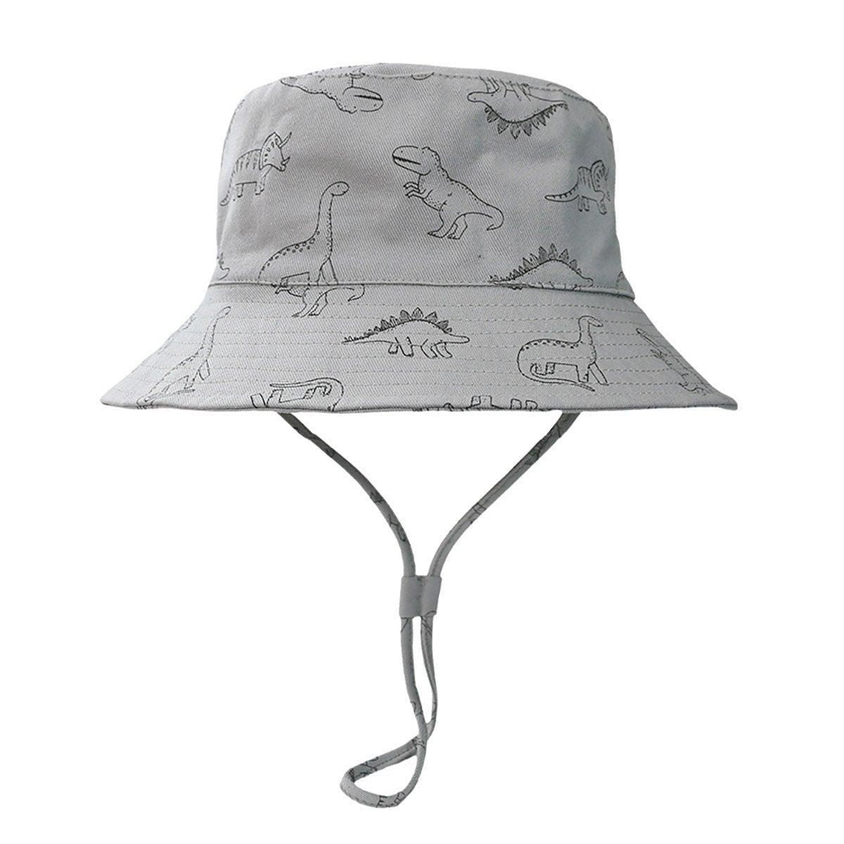 Cartoon Dinosaur Bucket Hat with Wide Brim for Summer Sun Protection - Grey